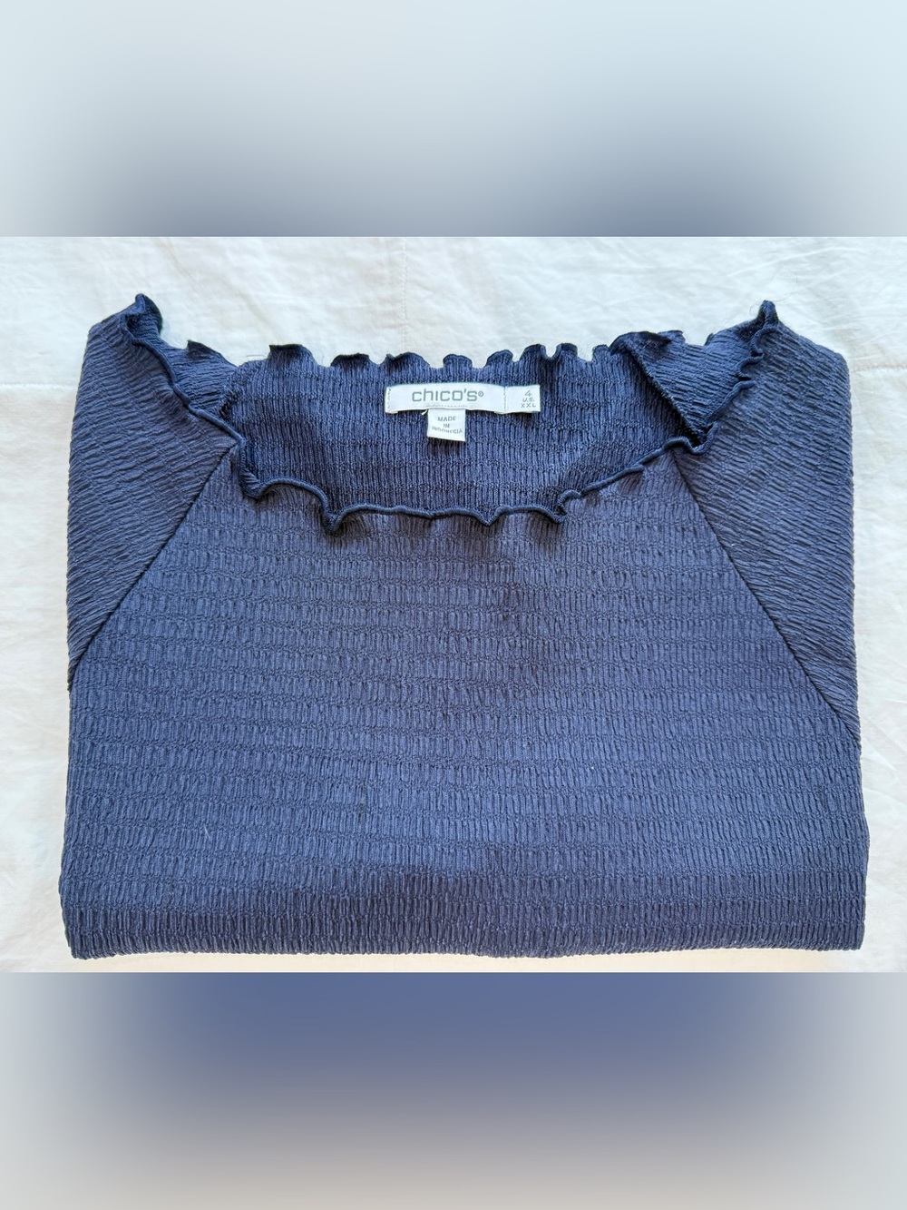 Chico's Dark Navy Ruffle-Neck Textured Crew short-sleeve top